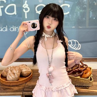 日系亚文化天使翅膀音符皮质项链甜酷少女感粉色长款毛球锁骨链女