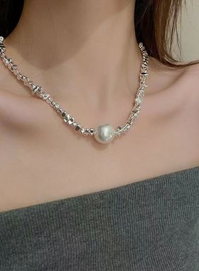 单颗珍珠碎银子项链女夏季2024年新款气质锁骨链个性百搭脖颈链