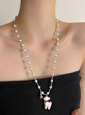 张泽禹同款甜美可爱蜡烛珐琅梦中小鹿珍珠项链女小众设计感毛衣链