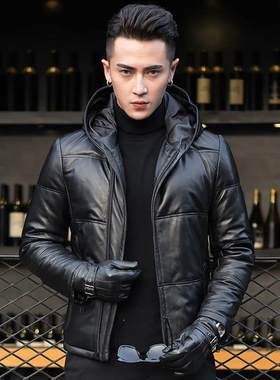 海宁真皮连帽羽绒服短款男士外套