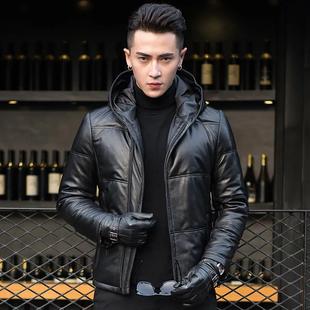男士 短款 真皮羽绒服加绒加厚连帽皮衣修身 男韩版 外套 新款 海宁冬季