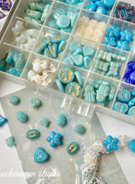 【蓝海湾】清冷蓝色系捷克琉璃珠花朵蝴蝶描金手作diy材料配件