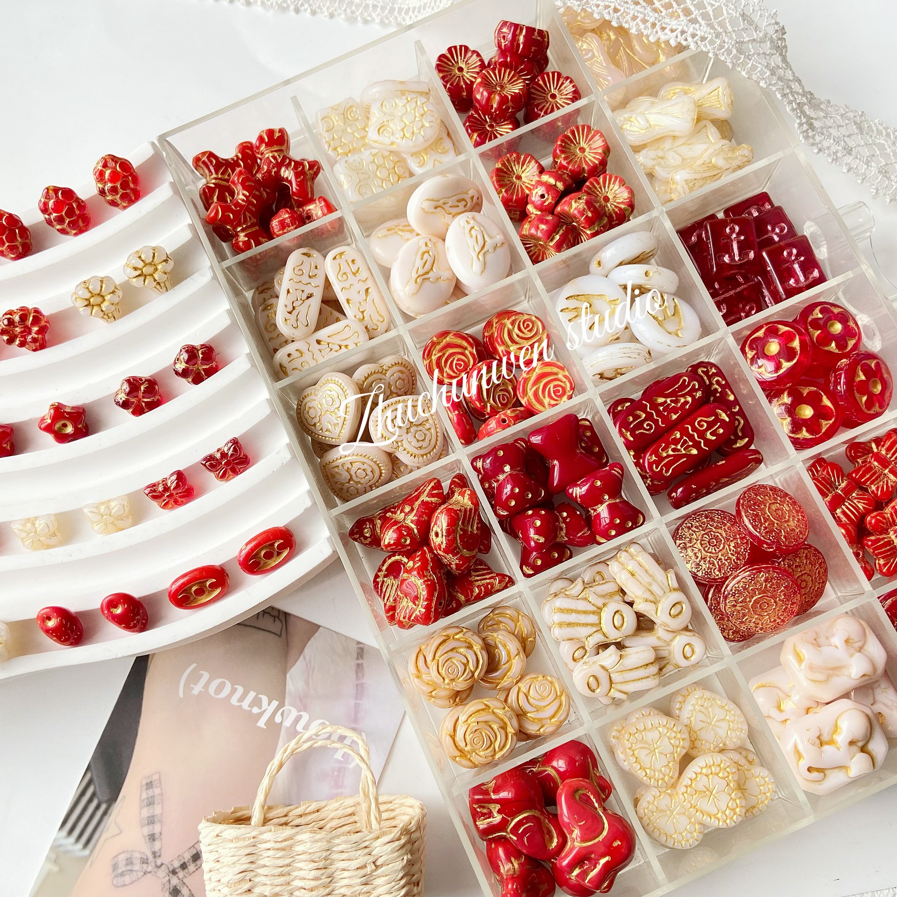 【红酒酪】红色系捷克琉璃珠玫瑰花爱心蝴蝶手作diy手链材料配件