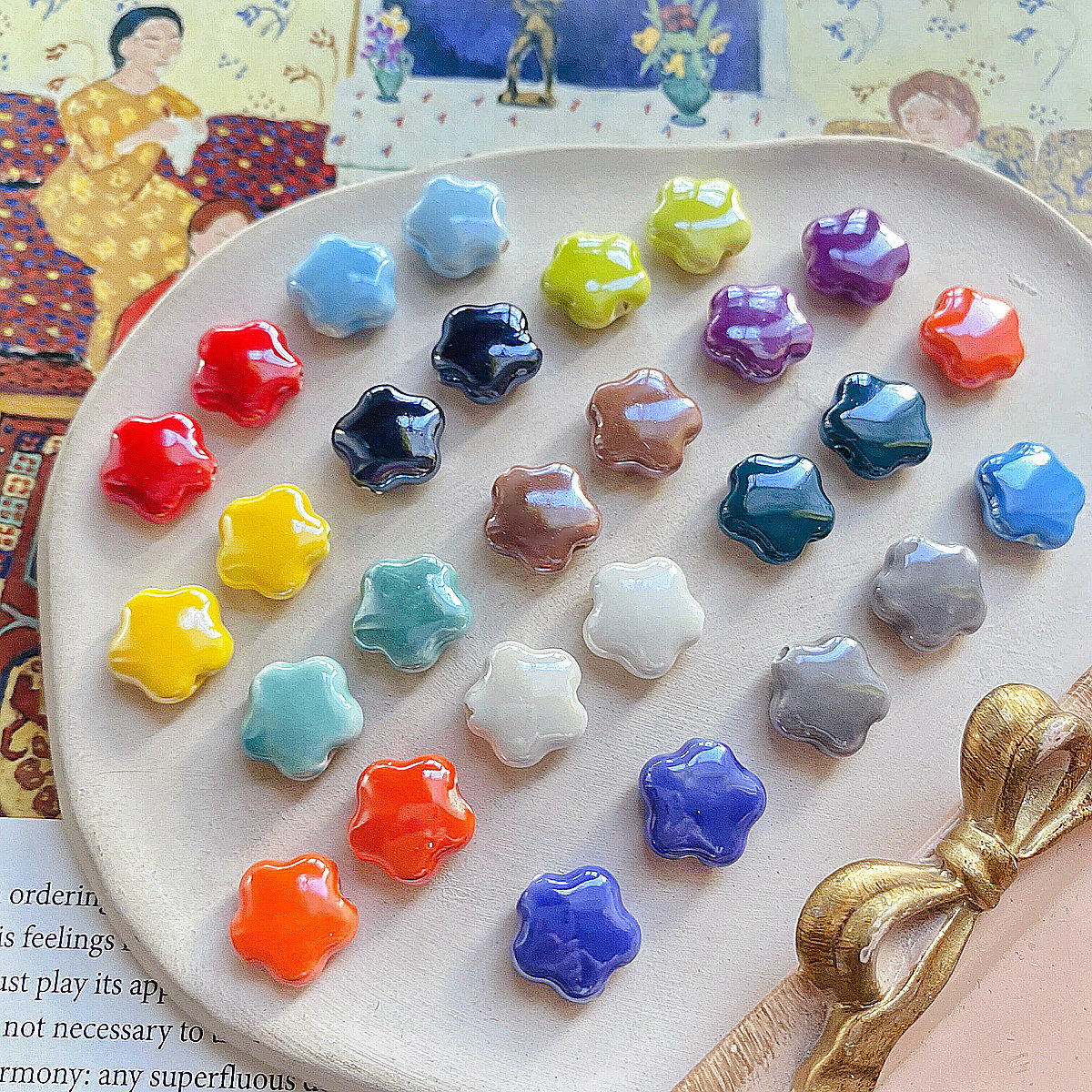 彩色奶油五瓣花朵陶瓷散珠手工diy串珠手链项链材料耳环饰品配件