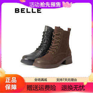 百丽2025冬季 英伦风羊皮马丁靴子女加绒粗跟增高短靴子3NW45 新款