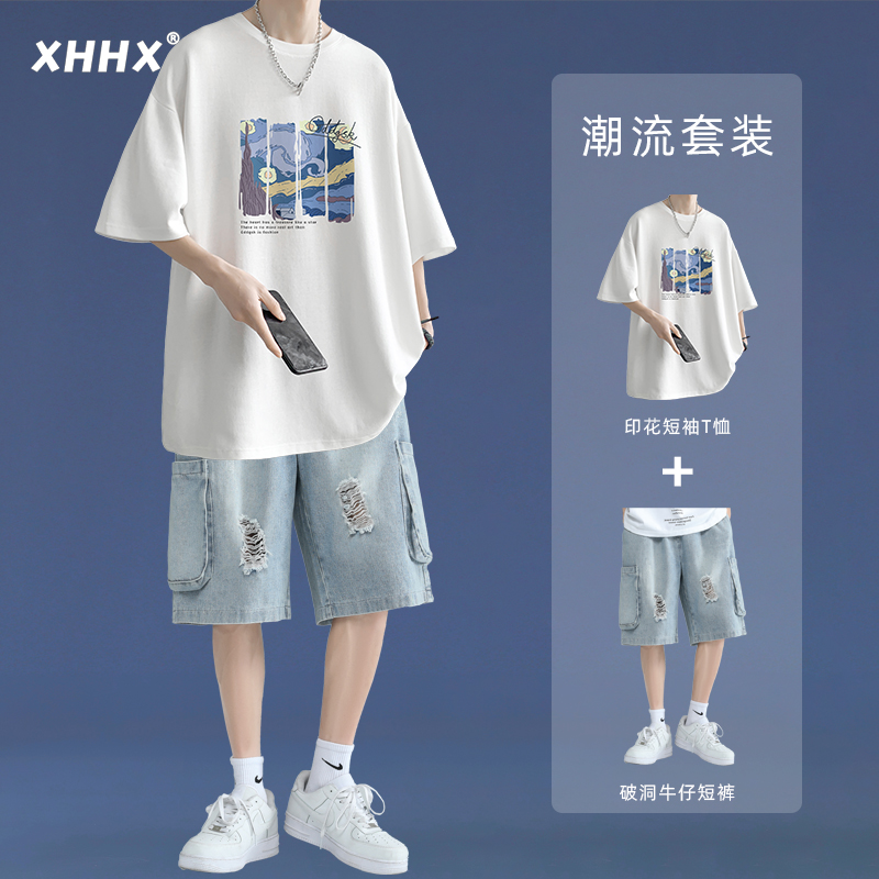 潮牌短袖t恤男款夏季潮流衣服搭配短裤痞帅青少年套装休闲两件套