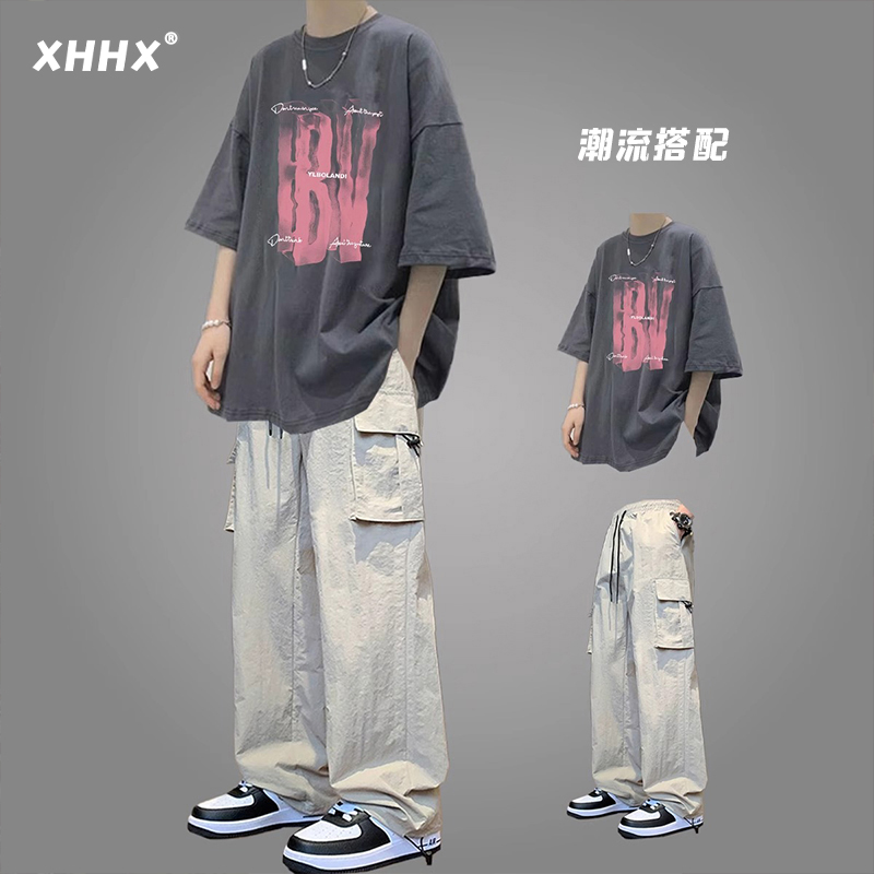 美式纯棉短袖T恤男夏季套装青少年夏天搭配冰丝工装裤子一套穿搭
