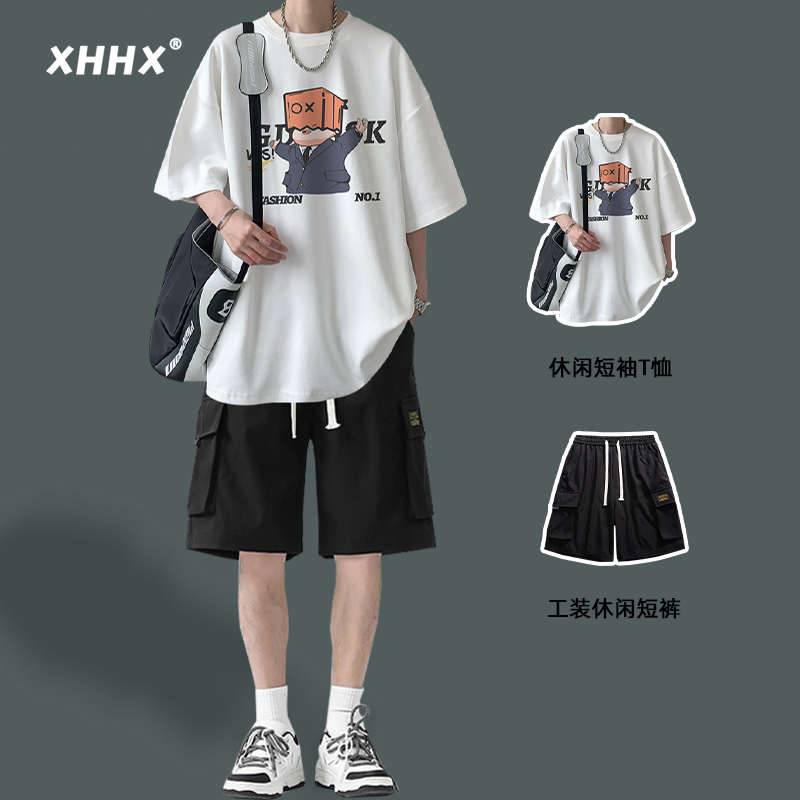 纯棉短袖T恤男士夏季薄款工装短裤休闲套装潮牌男装一套搭配帅气
