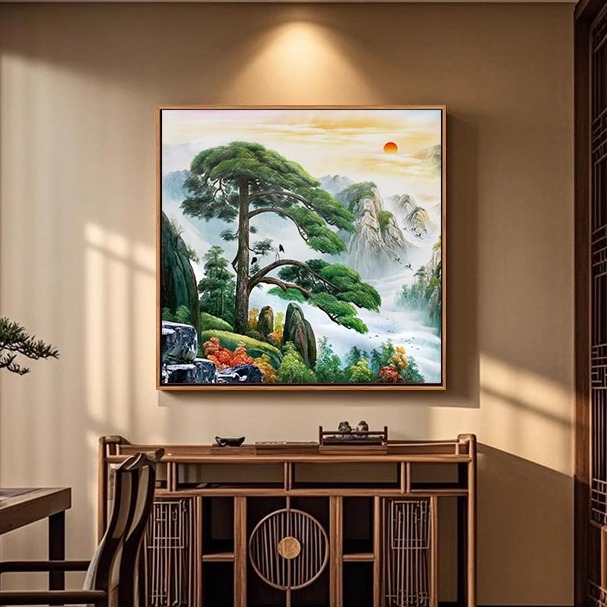 正方形迎客松挂画客厅中式装饰画