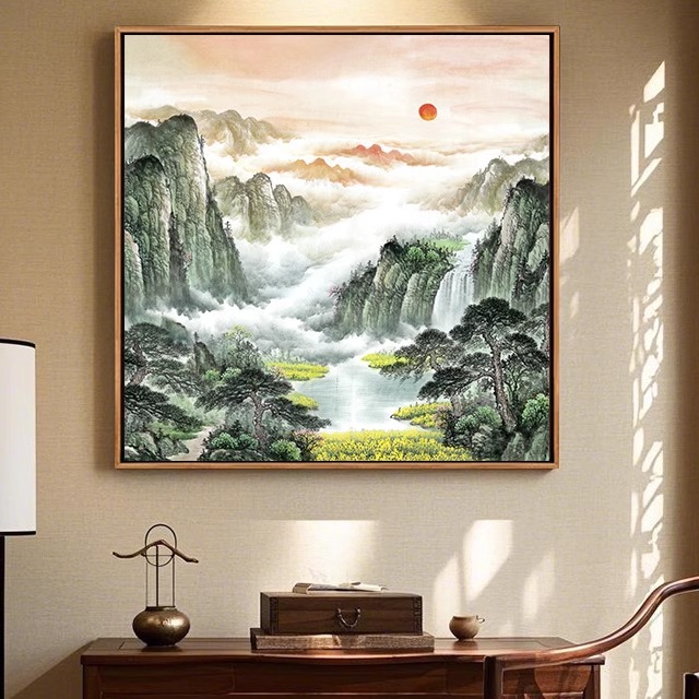 正方形挂画靠山字画小幅卫生间装饰画玄关新中式旺财山水风景壁画图片