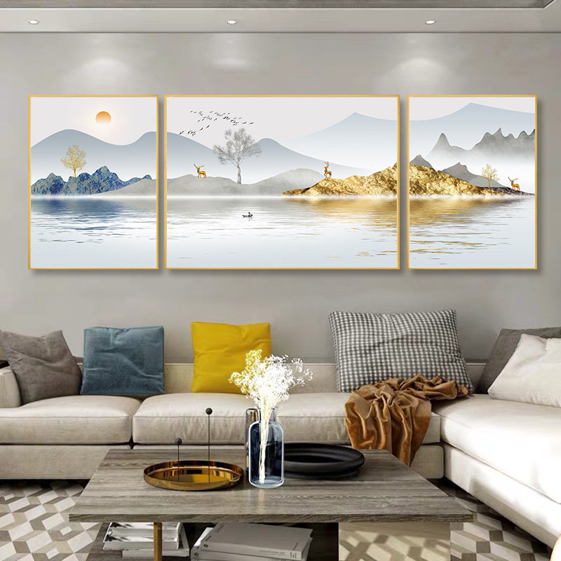 客厅装饰画沙发背景墙挂画简约现代三联禅意山水画墙画新中式壁画
