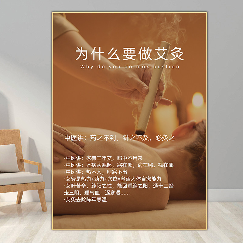 艾灸海报铺灸图片脐灸挂画刮痧拔罐宣传画艾灸馆装饰画艾灸广告图