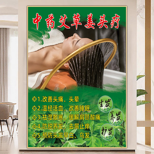 艾草洗头海报养发馆装饰画姜疗图