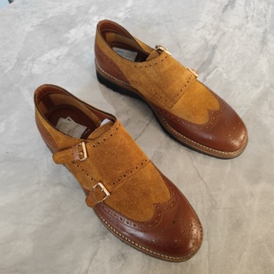 撤柜袋鼠皮日常休闲反绒磨砂双排扣超轻耐磨发泡底孟克套脚男皮鞋