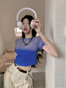 RM16184#美式复古洗水炒花渐变短袖字母扎染短款上衣