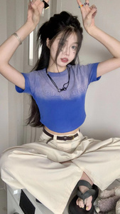 RM16184#美式复古洗水炒花渐变短袖字母扎染短款上衣