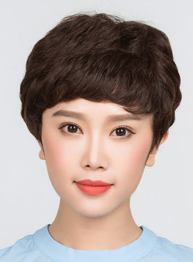 中年风女性真人妈妈黑色遮挡假发