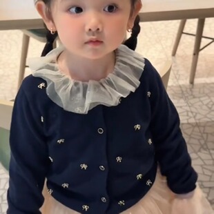 韩版学院风童装女童春季2026新款蝴蝶结圆领针织开衫宝宝百搭外套