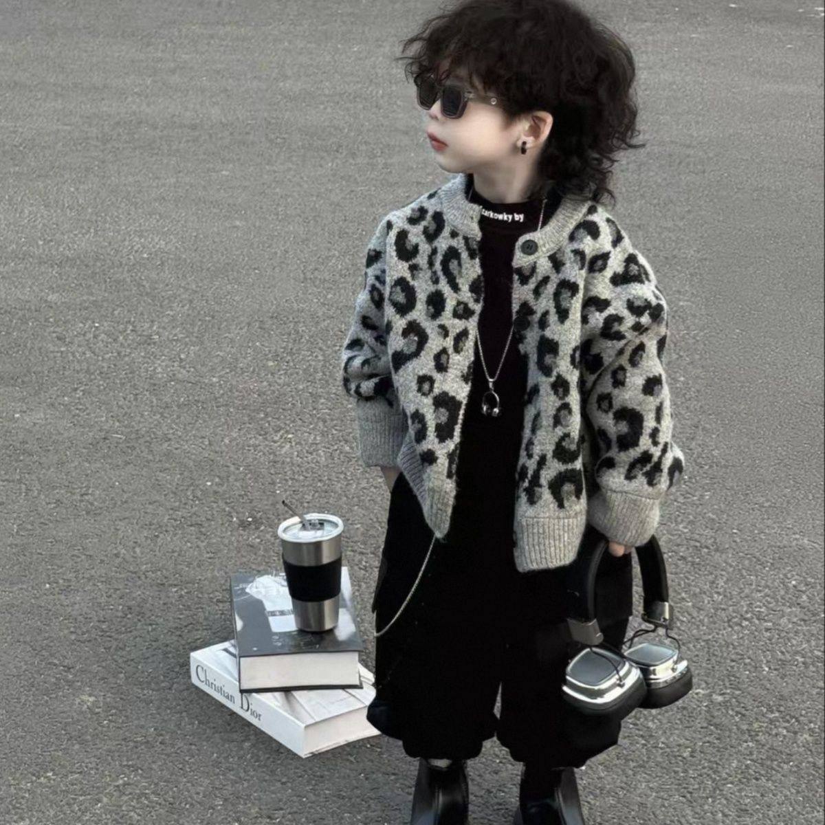 男童豹纹韩版毛衣开衫2025深秋冬新款儿童洋气针织衫外套三件套潮,童装/婴儿装/亲子装,套装,淘宝优惠券,粉丝福利购,淘宝优惠卷