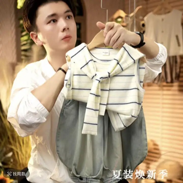 男童条纹系带套装2026夏季新款儿童无袖上衣韩系百搭休闲牛仔裤潮