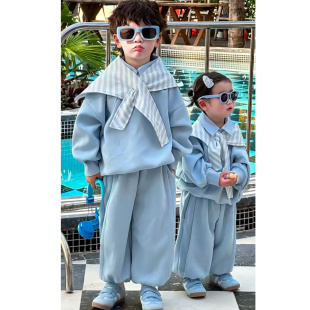 儿童秋季套装2025新款男童韩系翻领卫衣帅气女童衣服春秋款两件套