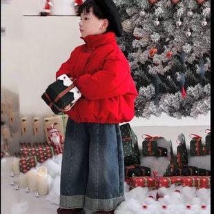 男童冬季新款红色年服儿童棉衣短款2025韩版女宝宝牛仔加绒直筒裤
