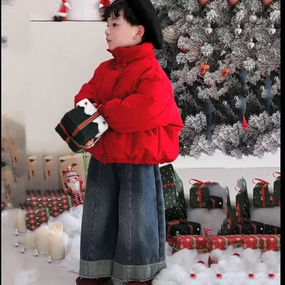 男童冬季新款红色年服儿童棉衣短款2025韩版女宝宝牛仔加绒直筒裤