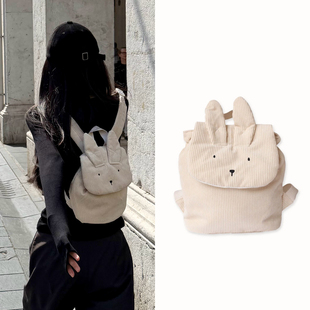 田曦薇同款双肩包灯芯绒可爱兔子造型背包女休闲简约迷你书包
