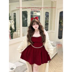 白菜【圣诞战裙】冬季新款法式红色连衣裙收腰显瘦圣诞节小礼裙女