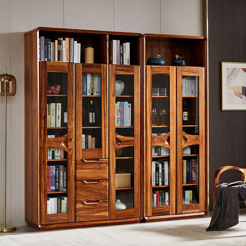 乌金木书柜全实木原木家具书房展示柜三门书柜现代简约新中式两门
