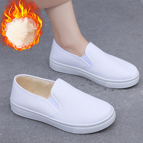 冬季加绒小白鞋一脚蹬学生男女工作棉鞋工厂保暖白色平底护士鞋子