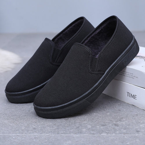 上班通勤款套脚全黑休闲鞋透气加绒加厚懒人耐磨软底一脚蹬帆布鞋