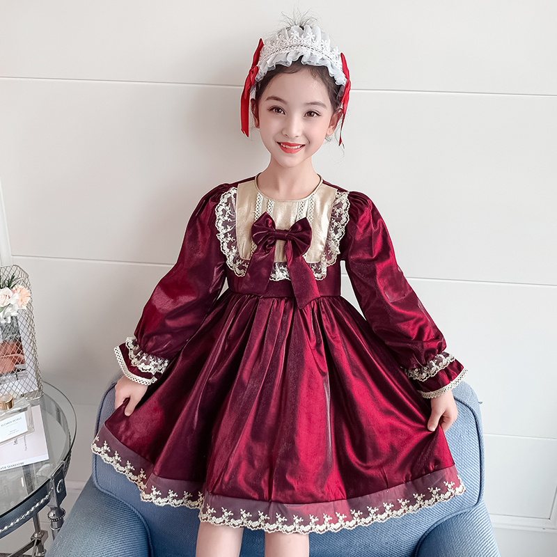 女の子ワンピース秋の21新型洋風少女ロリータプリンセススカート長袖ワインレッドドレススカート
