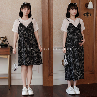 孕期穿搭孕妇连衣裙夏季 娜娜 假两件圆领极简风 富江黑花 猫单