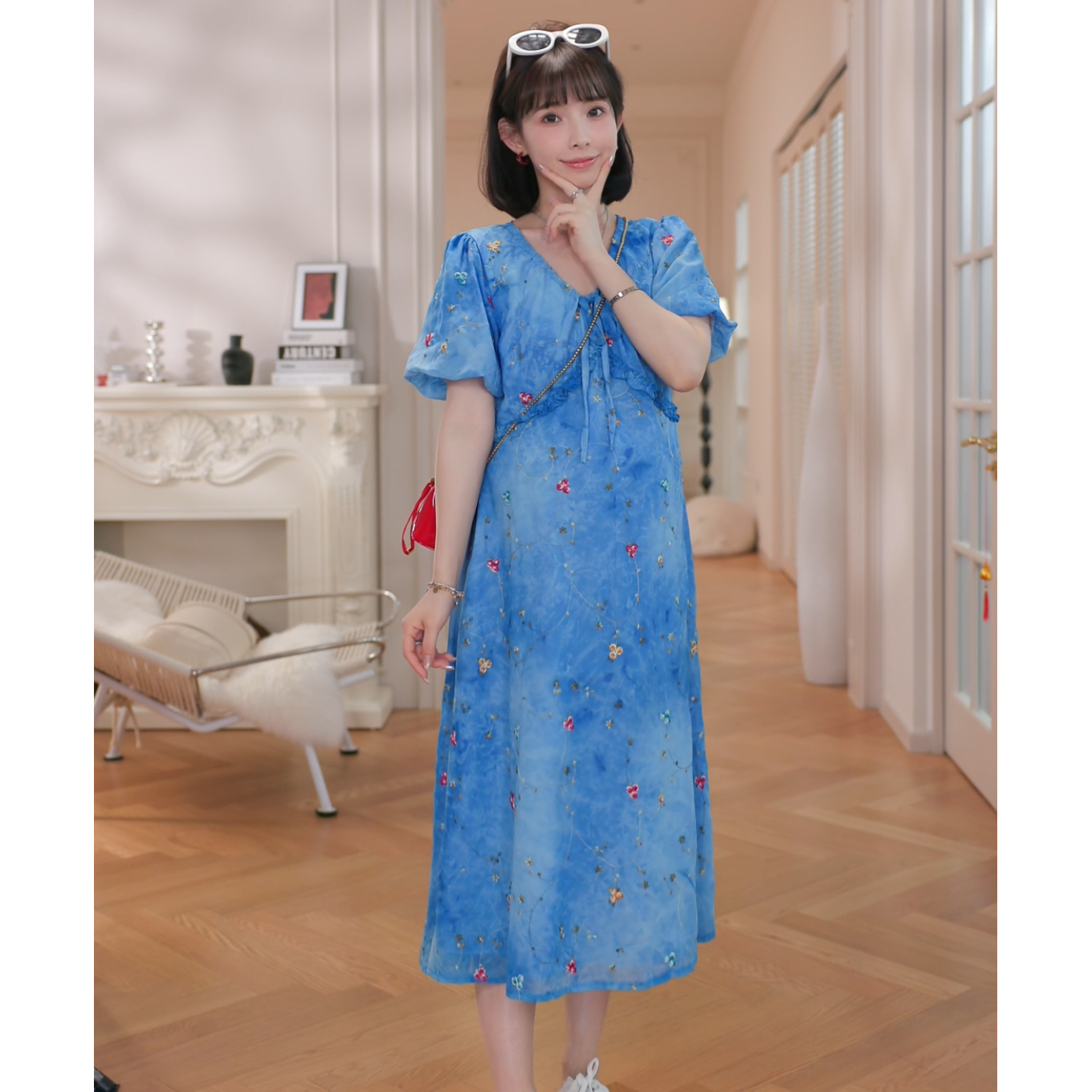 猫单V领夏季短袖孕妇长款连衣裙