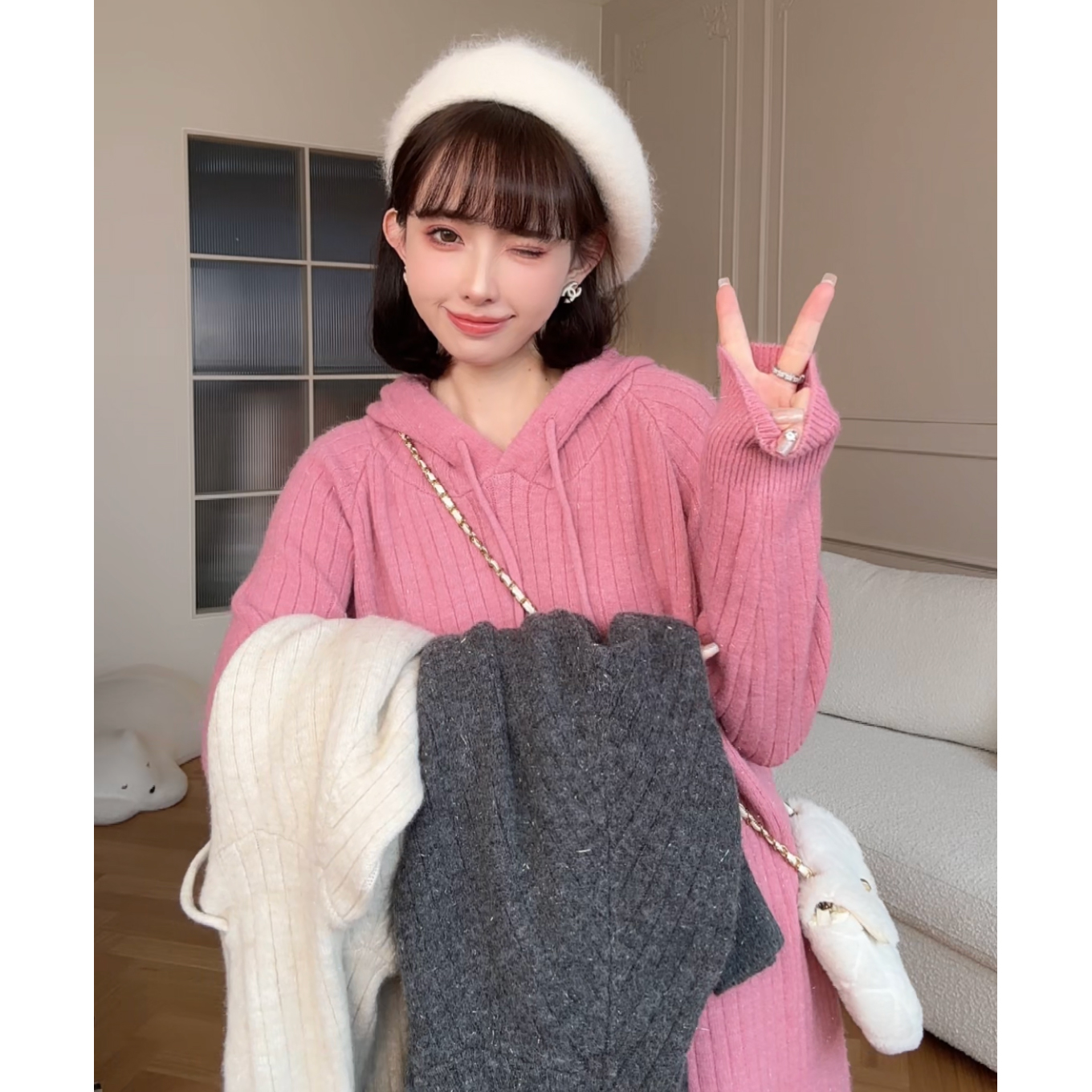 猫单连帽长袖宽松遮孕肚毛衣裙