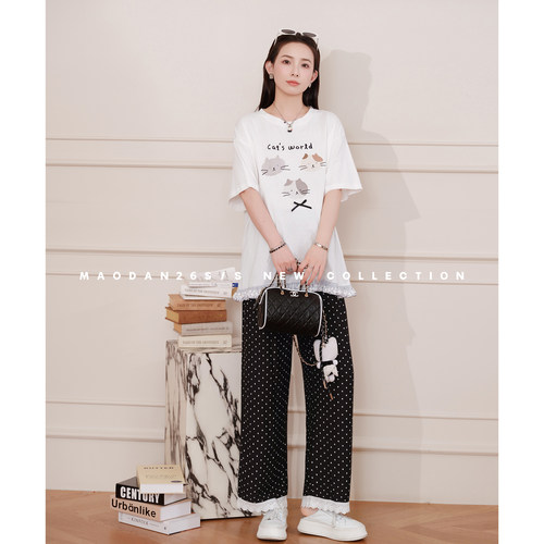 猫单【喵咪点点】【棉】孕妇装夏新品时尚休闲气质短袖波点九分裤