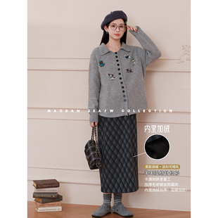 深空海域 新气质加绒加厚格子半裙套装 羊毛 冬季 孕妇装 猫单