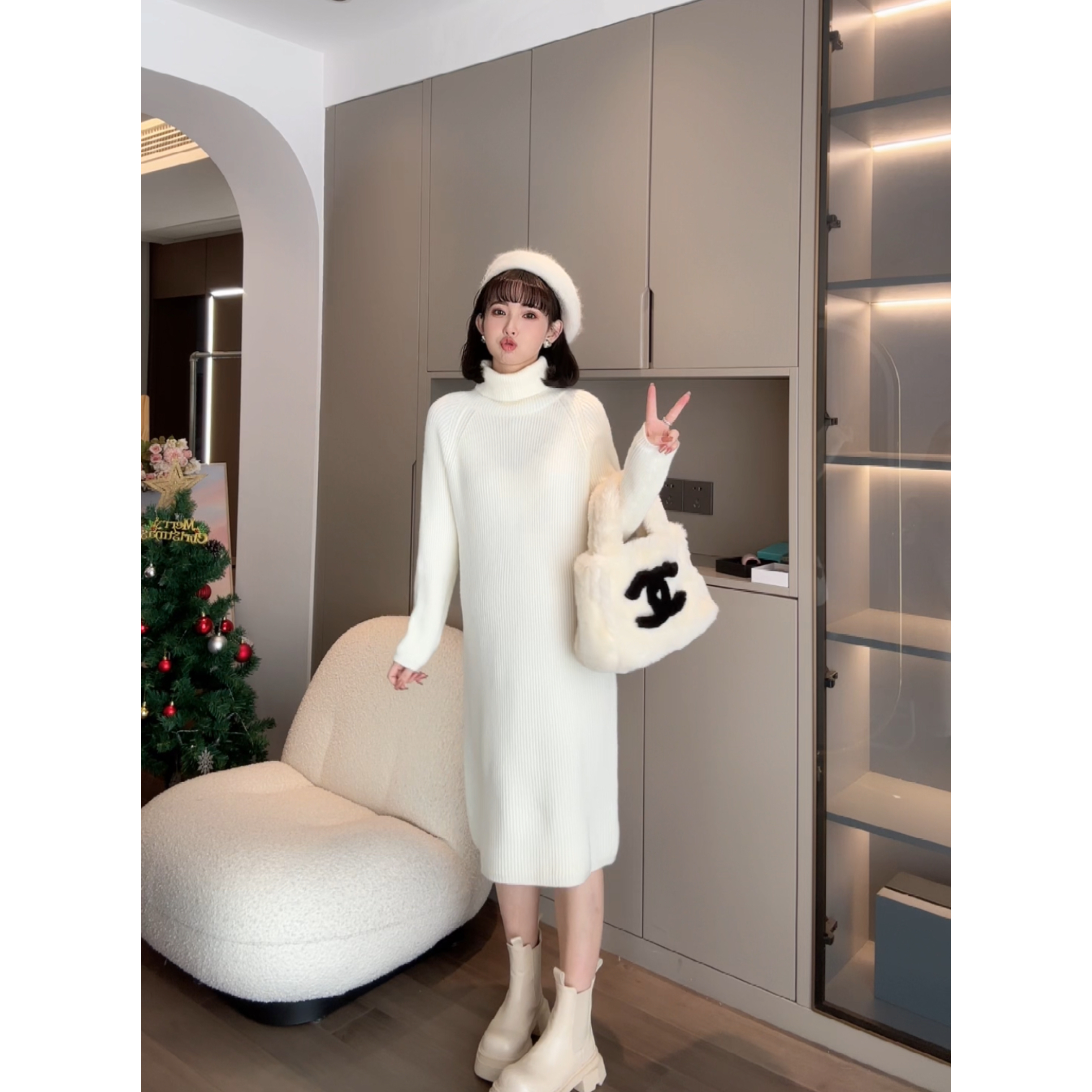 娜娜的孕期穿搭显瘦毛衣连衣裙