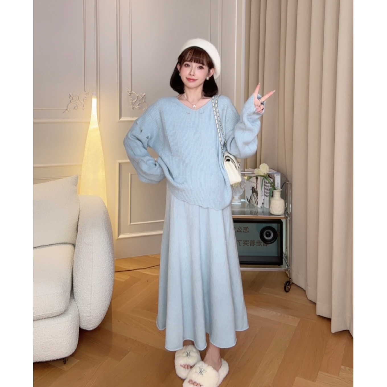 娜娜的孕期穿搭针织上衣半裙套装