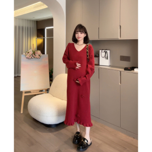 春秋款 孕期穿搭孕妇装 娜娜 复古显瘦立体花朵连衣裙 酒渍玫瑰
