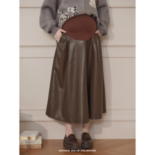 2025托腹可调节半裙时尚 猫单 秋季 孕妇装 宽松A字皮裙 半糖拿铁