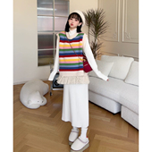 缤纷雪季 娜娜 孕期穿搭孕妇装 秋冬款 条纹针织马甲连衣裙套装
