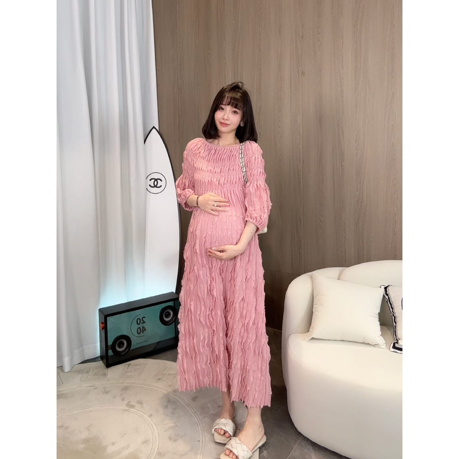【花房似锦】娜娜的孕期穿搭夏季孕妇装褶皱一字领连衣裙仙女裙子