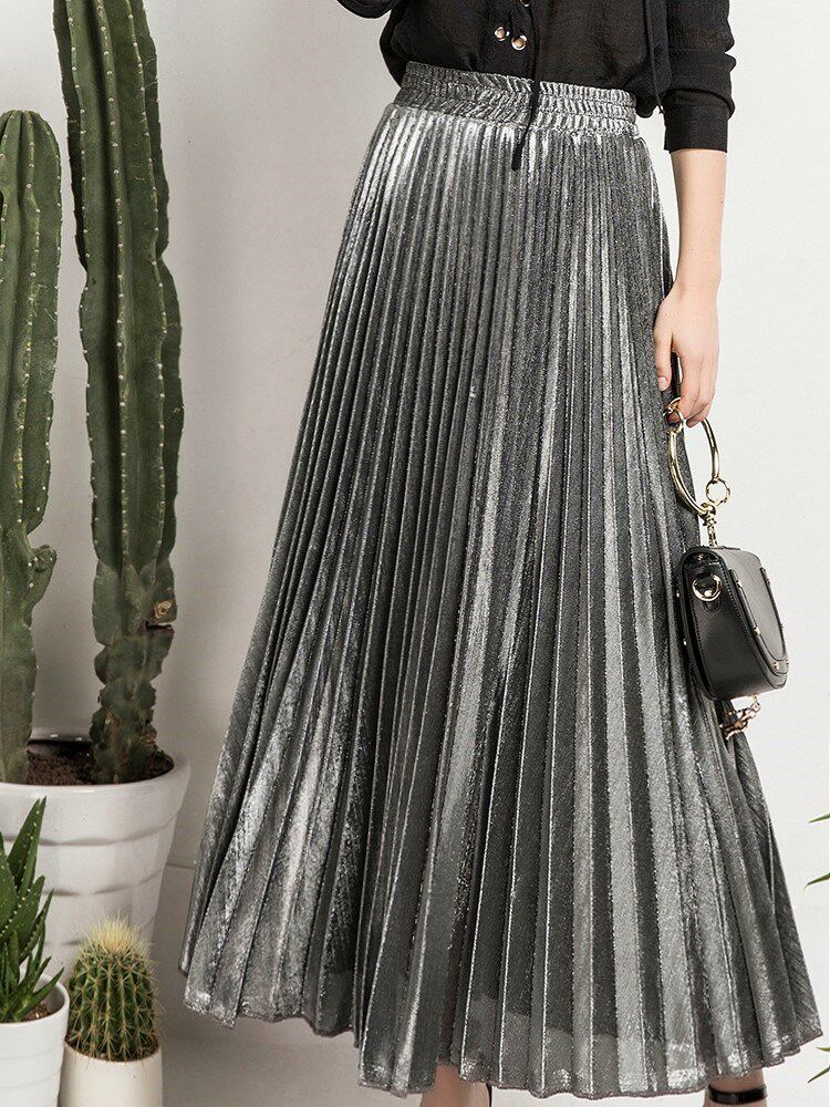 women retro long skirt 金属色半身裙松紧腰A字显瘦百褶裙
