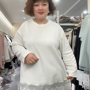 T恤花边上衣女 休闲长袖 7882圆领开叉拼接蕾丝纯色打底衫 胖mm大码