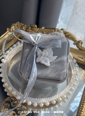 原创自制巴洛克复古小天使丝绒首饰盒对戒项链手链礼盒丝带系带灰