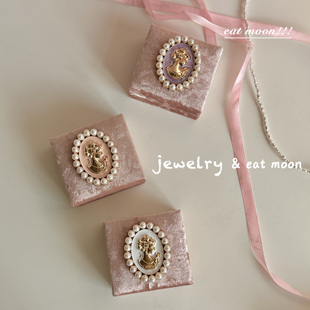 自制原创复古粉丝绒珍珠大号美人头滴釉法式少女项链戒指首饰盒