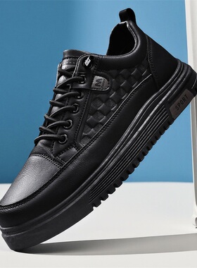 春款不系带男鞋全黑底板鞋懒汉休闲鞋懒人一脚蹬男装纯黑色小皮鞋