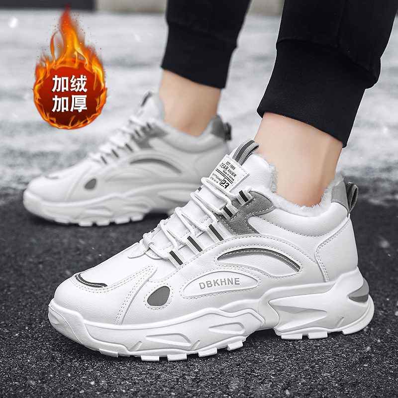白色皮面防水运动鞋加绒保暖棉鞋